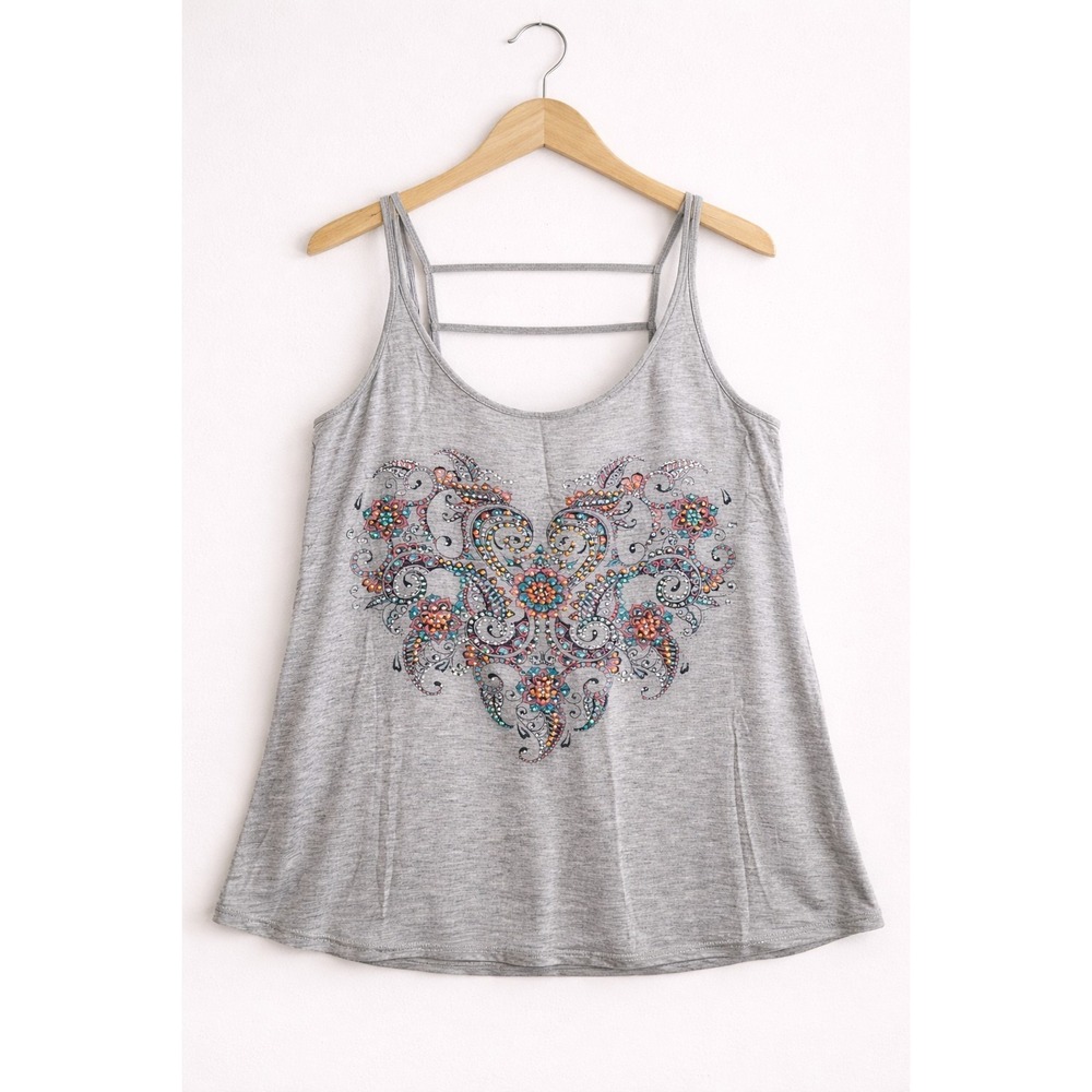 Women's Medium Beaded Tank Top Gray Western Glam Festival Rodeo Concert Top